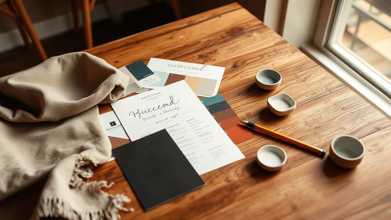 Moodboard mit Stoffmustern und Skizzen auf einem Holztisch