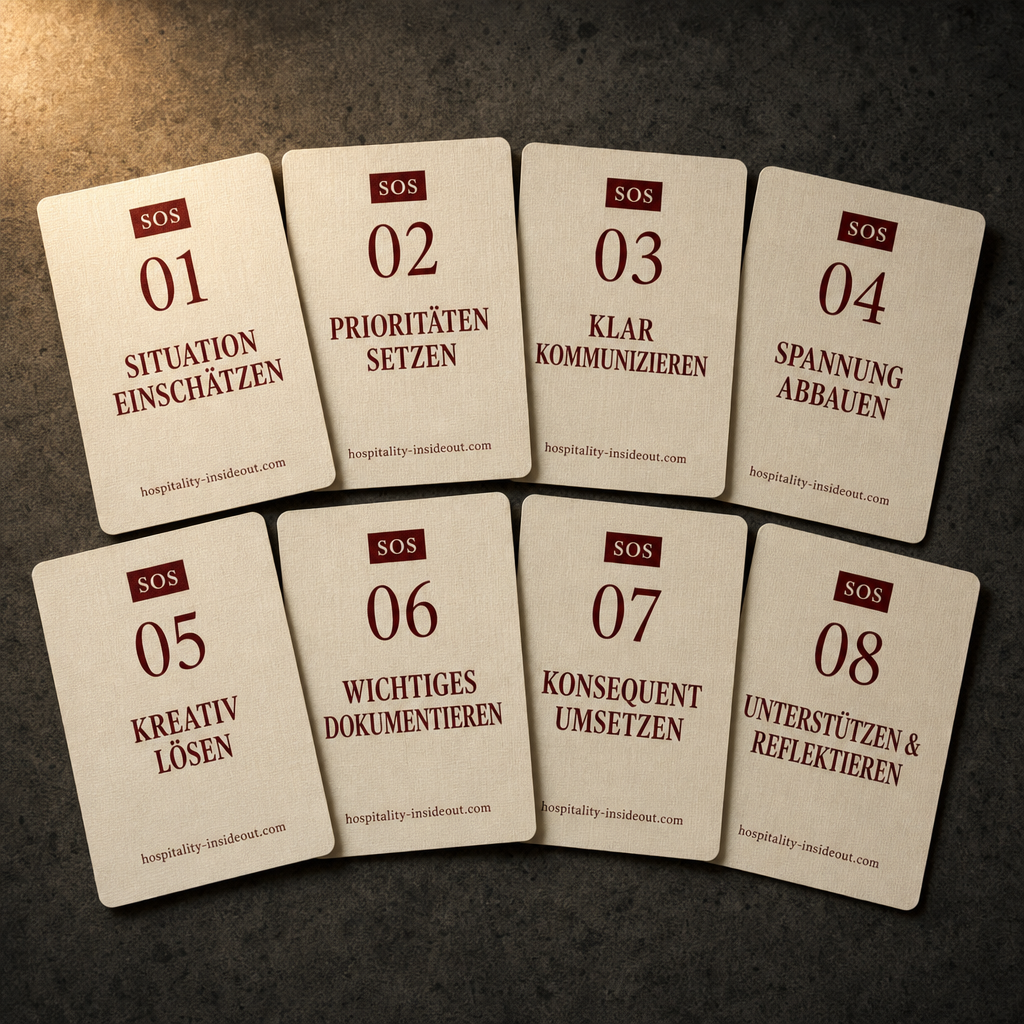 SOS card deck mockup — 8 linen-finish pocket cards for hospitality teams
